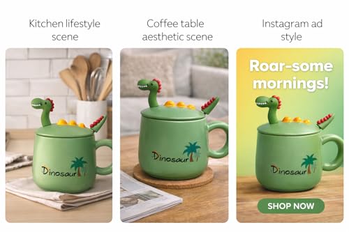 Image of Coffee Mug, Gift for Woman, Birthday Present for Girlfriend, Present for Wife Birthday, Mugs for Present, Holi Gifts, Panda Mug with Lid & Spoon (Dinosaur Green)