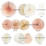 Champagne-Gold Beige Fall Boho Birthday Party Decorations 62pcs Happy Birthday Banner, Peach White Paper Lanterns, Streamers, Tissue Pom Poms, Blush Beige Boho Party Balloons, Rustic Backdrop Decor - Image 2