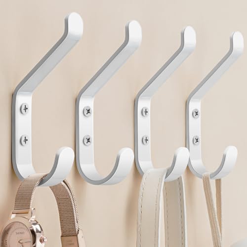 susswiff Perchero para colgar, 20 libras (máx.), ganchos de pared de acero inoxidable para toallas, sombreros, mochilas, llaves, ropa, percha de pared para armario, metal, blanco, paquete de 4