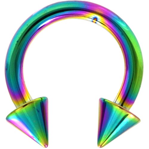 10G (2.5mm) Rainbow Titanium IP Steel Circular Barbells Horseshoe Rings w/Spike Ends (Sold in Pairs)