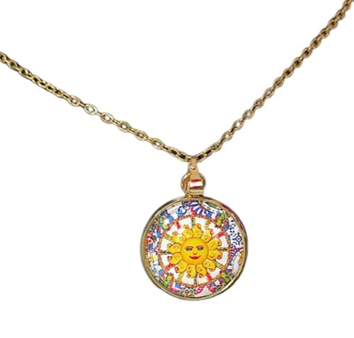 Collana Sicily In Acciaio Inossidabile Con Ciondolo Cabochon Motivo Siciliano, Idea Originale per Regalo Natale,Fatto a Mano, Gioielli Donna Ragazza Dorato20 mm