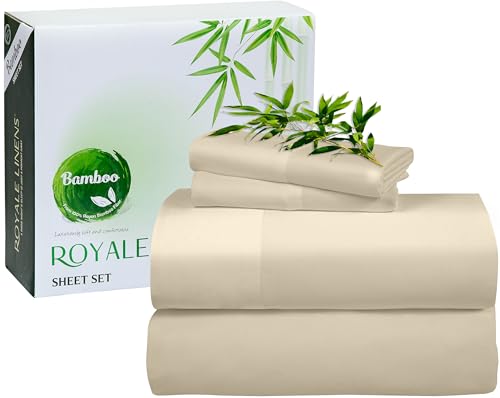Image of Royale Linens Bamboo Viscose Queen Sheet Set - Cooling Bed Sheet Set - 1 Fitted, 1 Flat & 2 Pillowcase - Fits Up to 16 inch - Organic Viscose Derived from Bamboo - Bedding Sheet & Pillowcase (Queen, Sand)