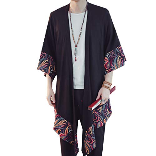 HZCX FASHION Men's Cotton Linen Long Kimono Jackets Open Front Cardigan Cloak(Phoenix Flower,S)