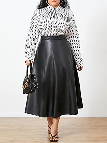 Celmia Women's Casual High Waist A-Line Leather Midi Skirt Flared Shiny Skater Skirt Black Small #TOP4