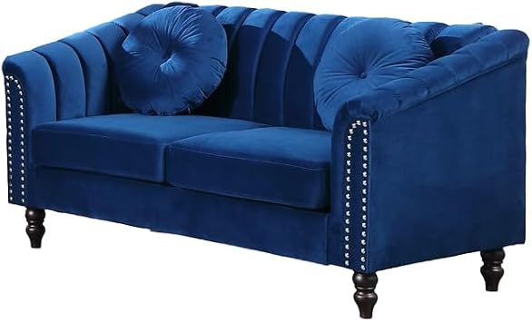 60-Inch Tufted Chesterfiled Sectional Loveseat for Living Room, Luxury Sectional Sofa Couch for Small Space with Super Easy Assemble Design-Blue