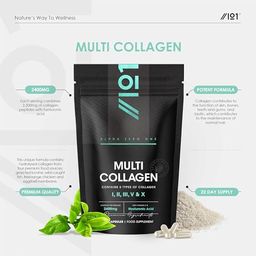Multi Collagen 2400mg – Types I, II, III, V & X – 90 Capsules – Wild Caught Marine, Grass Fed Bovine, Eggshell & Free-Range Chicken Collagen Powder, with Hyaluronic Acid & Vitamin C – by Alpha01