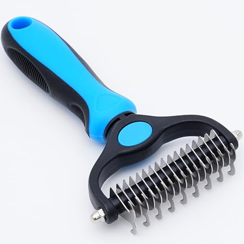 Pet Grooming Rake for Dogs & Cats - Double-Sided Deshedding and Dematting Tool Gently Remove 95% of Loose Undercoat & Mats for Long-Haired Pets Painless Fur Brush for Shedding Control (Blue)