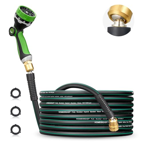 HOMEIDEAS 25 ft Rubber Garden Hose with Nozzle - Newly Leak-proof & Kink-free Design | Freely Rotational Spherical Ball Joint, Anticorrosive 3/4' Brass Fittings - Perfect for Outdoor Watering