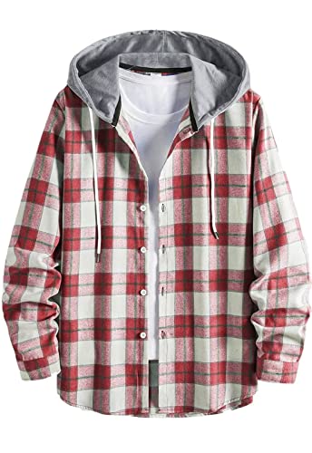 Meilicloth Flanellhemd Herren Einfarbig Kariert Langarm Baumwolle Kapuze Casual Flanellhemden Western Karohemd Regular Fit Rot XL