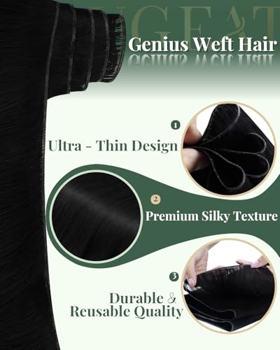 Image of Ugeat 18 Inch Genius Weft Hair Extensions Human Hair Black, 50G | Genius Weft Human Hair Extensions, Jet Black Hand Tied Wefts, All-day Wear, Heat Styling, for Daily