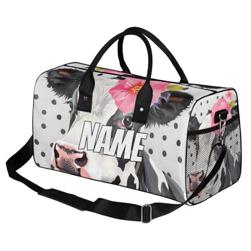 Personalized Cute Milk Cow Travel Duffel Bag with Name, Custom Gym Sport Bag Black Dots Carry On Weekend Overnight Duffel Bag for Men Women2