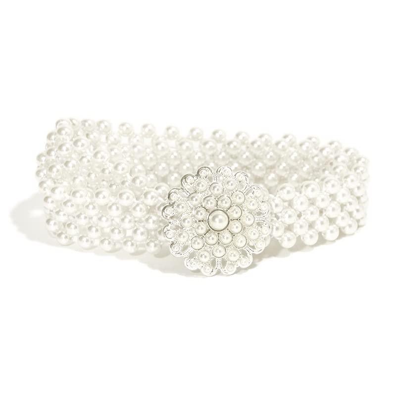 Pearl Belt Girl Pearl Flower Rhinestone Adornment Elastic Waist Chain with White Dress2