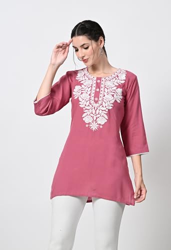 Image of LIBOZA Kurti for Women - Short Chikankari Kurtis for Girls, Lakhnawi Tunic Top Kurta Design for Ladies, Woman Ethnic Kurthis & Shirt with Sleeve