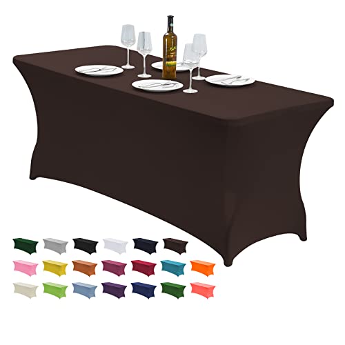 Image of CWK 8FT Waterproof Stretch Spandex Table Cover for Rectangular Tables - Elastic Fitted Tablecloth for Folding Tables,Wrinkle Resistant Table Cloth for Parties, Weddings, Banquets & Events (Coffee)