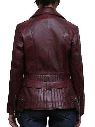 Brandslock Trench Ladies Mid Length Designer Real Leather Jacket Burgundy #TOP4