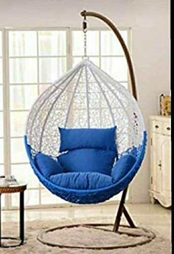 Image of Single Seater Swing Chair with Stand for Home & Cushion & Hook Outdoor Indoor|Living Room|(Swing White & Blue with Cushion Dark Blue, Alloy Steel,Metal)