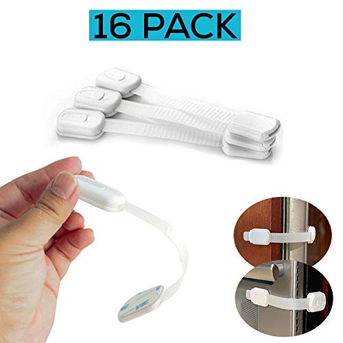 Child Safety Strap Locks (16 Pack) for Fridge, Cabinets, Drawers, Dishwasher, Toilet, 3M Adhesive No Drilling - by Eco-Baby
