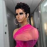 SAEIALL Short Pixie Cut Wig for Women Human Hair Curly Wave Pixie Wigs for Black Women None Lace Front Glueless Wig for Daily Use,Short Wigs for Women Human Hair (Black)