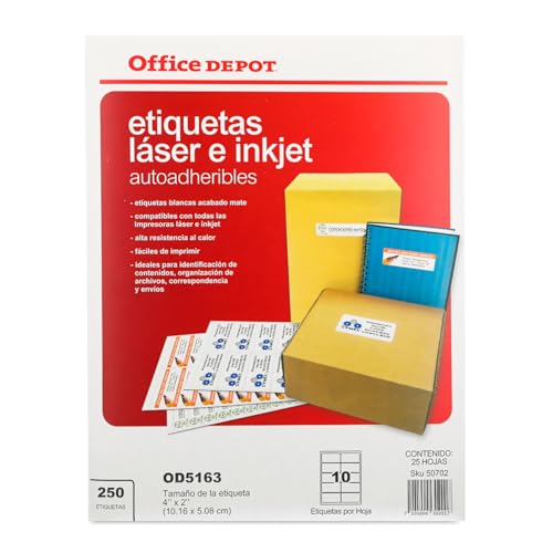 La Mejor Selección de Imprimaciones los preferidos por los clientes. 41 Office Depot | Etiquetas Adhesivas para Impresión | Pack de 250 etiquetas para impresora | Medida 10.16 x 5.08 | 10 etiquetas por hoja