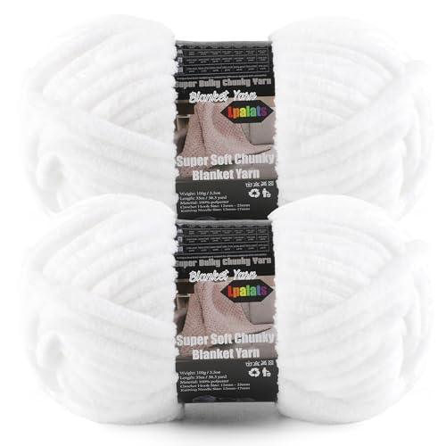Lpalats White Super Bulky Chunky Chenille Yarn - 2 Pack of 200g/7oz - 100% Polyester - 76 Yards - Soft Plush Thick Yarn for Knitting Crocheting & Quick Blanket Projects