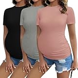 Ekouaer Women's Maternity Tops for Work Short Sleeve Side Ruched Pregnancy Shirts Summer 3 Pack Black/Grey/Dirty Pink S
