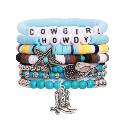 MOSOTECH Western Cowgirl Bracelets for Women, Stackable Beaded Clay Stretch Bracelets Western Jewelry for Cowgirl Outfits, Cowboy Hat Boot Charm Country Concert Dresses Accessories(Blue)