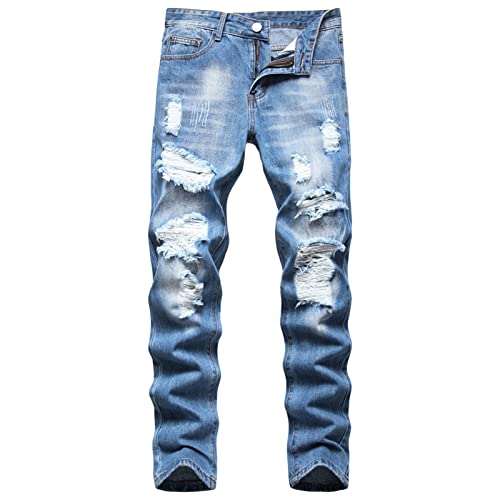 Men Ripped Slim Fit Jeans Destroyed Distressed Straight Denim Pants Vintage Mid Waist Washed Biker Jean Trousers (Light Blue,38)