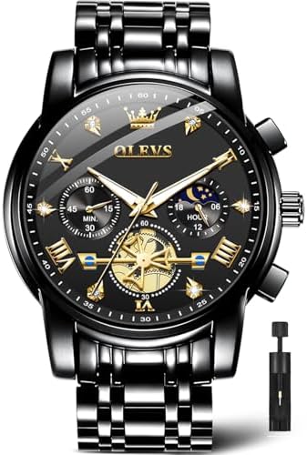 OLEVS Fashion Black Watches for Men Chronograph Mens Watches Big Face Mens Black Dial Watches Black Stainless Steel Watches Men Diamond Watch Waterproof Watches Men Quartz Watches Roman Numerals