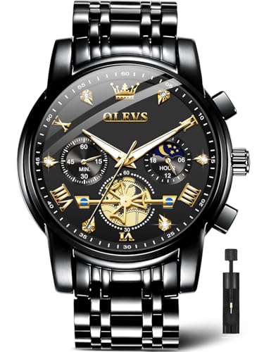 OLEVS Fashion Black Watches for Men Chronograph Mens Watches Big Face Mens Black Dial Watches Black Stainless Steel Watches Men Diamond Watch Waterproof Watches Men Quartz Watches Roman Numerals