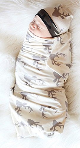 Iwoka Soft Newborn Baby Deer Print Blanket Bedding Blanket Wrap Swaddle Blanket Bath Towel+Hat (Deer Print) #TOP1