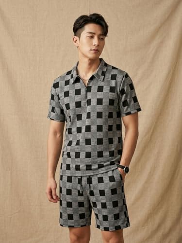 Image of Men's Printed Zip Polo Neck T-Shirt with Half Short Pant Co-ord Set Fabric, Stylish Printed Design, Comfortable Regular Fit
