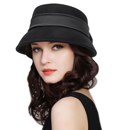 1920s Vintage Wool Cloche Fedora-Hat Church Fascinator Hat Derby Hat with Bow for Women Men Black