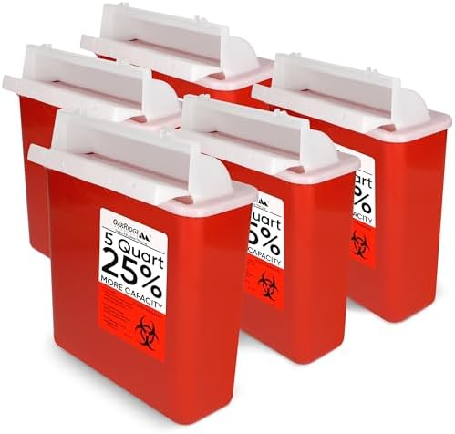 Oakridge Products Sharps Container for Home Use and Professional 5 Quart (5-Pack), Biohazard Needle and Syringe Disposal, Mailbox Style Lid, CDC Certified