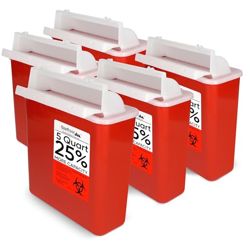 Oakridge Products Sharps Container for Home Use and Professional 5 Quart (5-Pack) Biohazard Needle and Syringe Disposal Mailbox Style Lid CDC Certified
