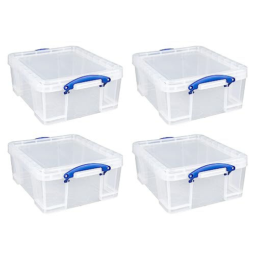 Really Useful Box 4 Pack 17L Plastic Storage Bins with Snap Lids and Clip Lock, Clear
