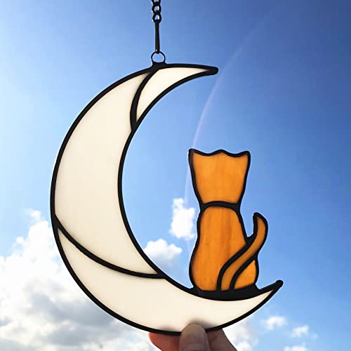 Lcensp Orange Cat Glass Ornament for Cat Lovers, Tabby Cat Memorial Gift, Hanging Cat Suncatcher Decor for Window, White Moon Design, 6.3x5.1in, Handmade
