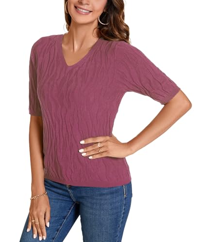 Image of MINTLIMIT Womens Short Sleeve Sweater Summer Pullover Shirt Tops Texture V Neck Casual Knit Tees Tops