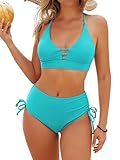 ZAFUL Women's Criss Cross High Waisted Bikini Cinched Tie Two Piece Tankini Solid Padded Swimsuit Aqua Blue S