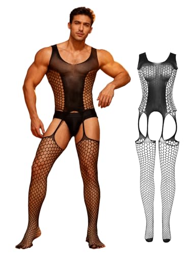 comeondear Bodystocking Sexy Homme Ouverte Grande Taille Résille Noir,L-XXL