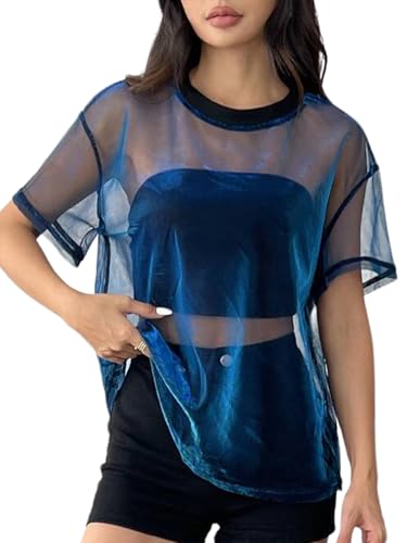 OYOANGLE Women's See Through Top Metallic Mesh Sheer Short Sleeve Rave T-Shirt