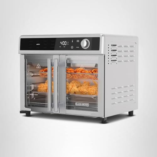 BLACK+DECKER Crisp ‘N Bake Air Fryer Toaster Oven Combo, 12 in 1 Countertop Convection Oven Cooks Food Fast, Fits a Whole Pizza or 6 Toast Slices, French Doors with Stainless Steel Finish