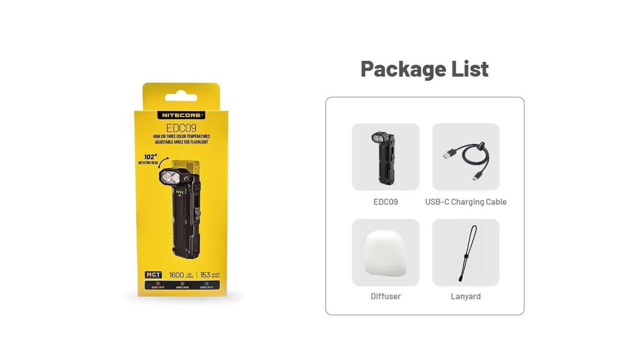 Nitecore EDC09 EDC09 EDC Linterna de alto CRI, tres temperaturas de color, ángulo ajustable, 1600 lúmenes