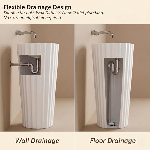 Image of BASSINO 19x19x34 Inches Ceramic Pedestal Wash Basin /7 Years Warranty /One Piece Free Standing Basin For Bathroom /Living Room /Salons /Round Modern Sink For Hotel /Floor Mounted Washbasin(White Glossy)
