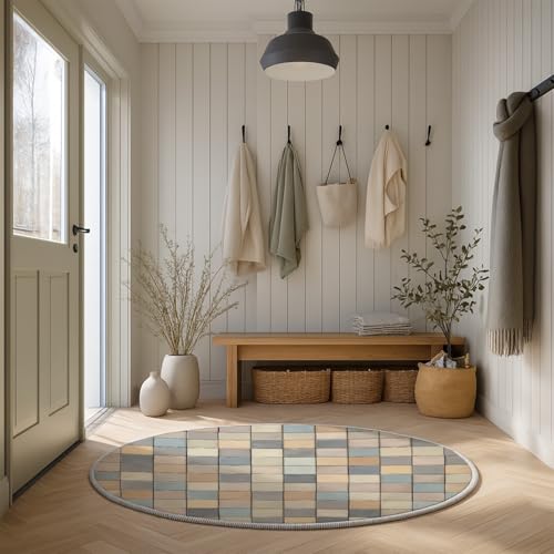 Moderna Colorido Simple Alfombra Redonda Rejilla Tablero de Ajedrez Baldosas,Muy Suave Alfombras De Baño para Habitacion Comedor Dormitorio Carpet 90 cm