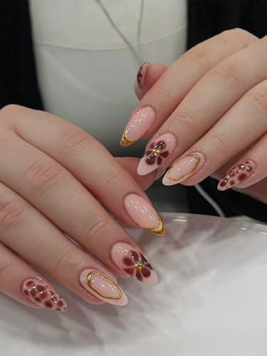 Image of Secret Lives Elegant Nude Pink Press-On Nails with Gold French Tip & 3D Floral Design - Almond Shape Reusable False Nails Glossy Finish 24-Pieces Nail Kit