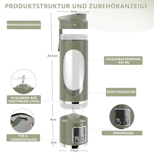 EasySpeed Tragbarer Mixer, 450 ml persönlicher Mini-Mixer, 1200 mAh elektrisch Typ C über USB, 10 Edelstahlklingen, 3 Geschwindigkeitseinstellungen, für Reisen und Büro, Grün