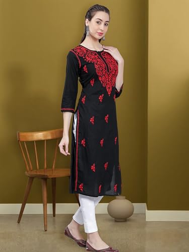 Image of Seva Chikan Hand Embroidered Lucknowi Chikankari Regular Straight Cotton Kurta Kurti for Women SCL4243