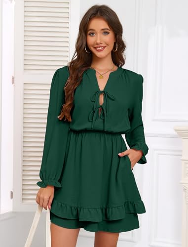 Image of Angashion Womens Tie Front Mini Dress V-Neck Ruffle Hem Summer Pockets