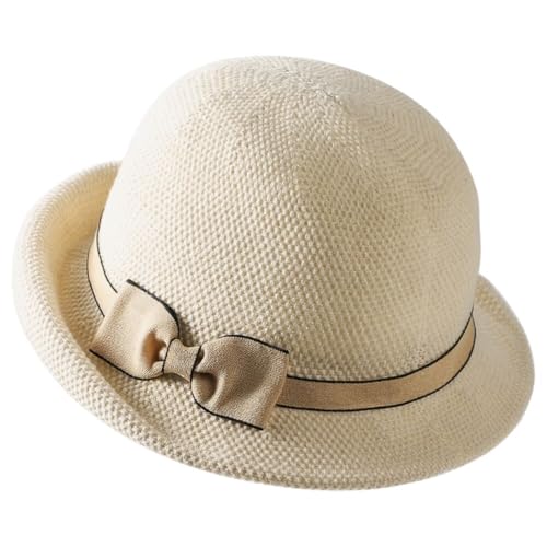 Women Straw Cloche Sun Hat Summer Church Hat 1920s Round Beach Bowler Bucket Hats Roll Brim Travel Caps Bowknot/Beige
