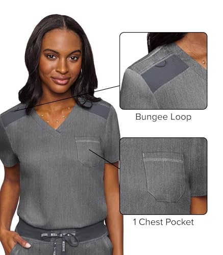 Image of Med Couture Women's V-Neck Scrub Top, Modern Fit Tuck-in Top with Stretchy Rib-Knit Shoulders and Chest Pocket - MC7448